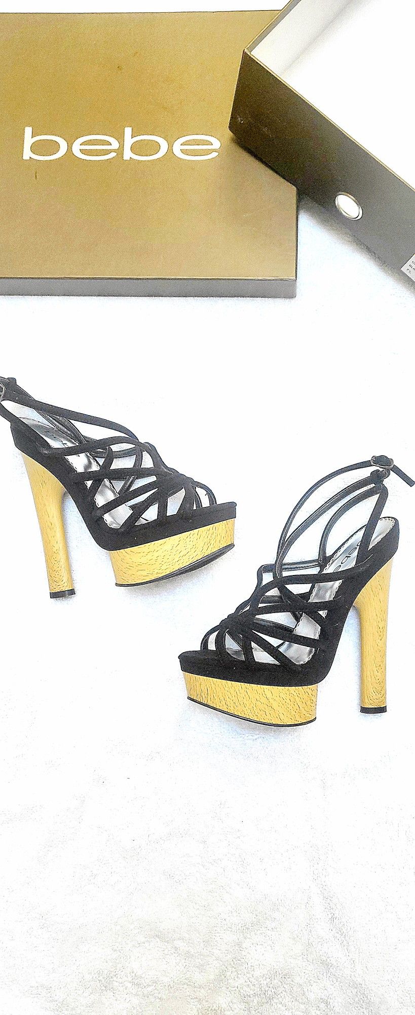 BEBE Platform Wood HEEL Shoes Sandals s 7.5 Black