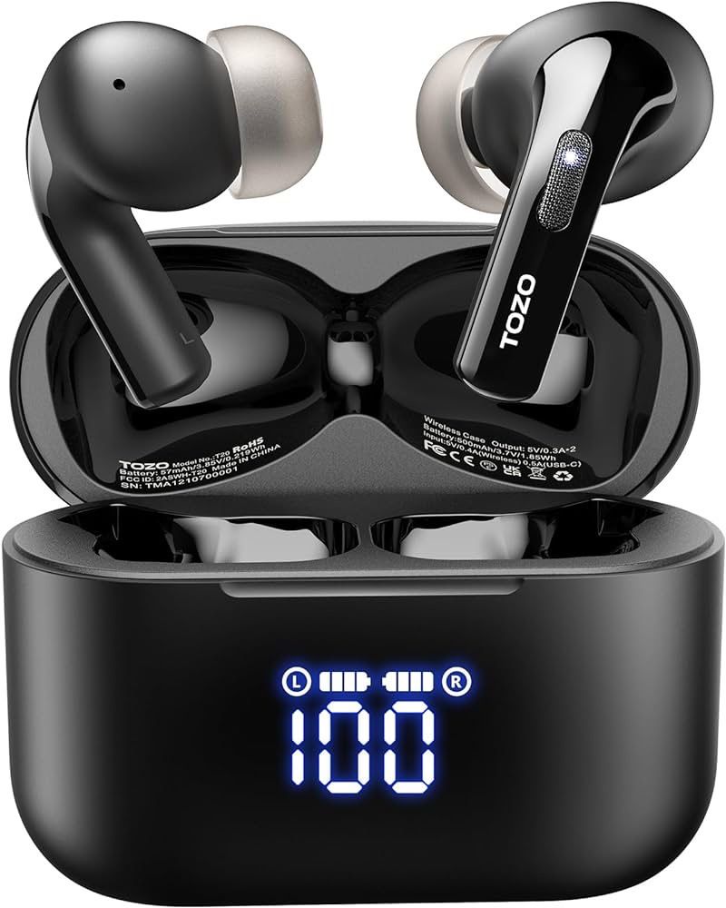 T20 Wireless Earbuds Bluetooth Headphones 48.5 Hrs Playtime, IPX8 Waterproof, Dual Mic Call Noise Cancelling with Wireless Charging Case Black