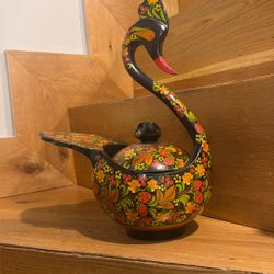 Original Russian Khokhloma Hand-Painted Wooden Swan  Authentic Vintage Folk Art