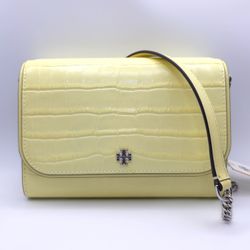 Tory Burch Emerson Embossed Chain Wallet Pastel Yellow Patent Leather
