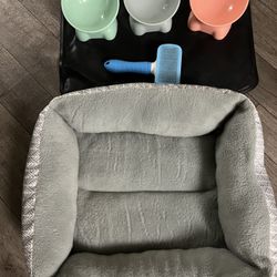 cat bed, bowls, and brush