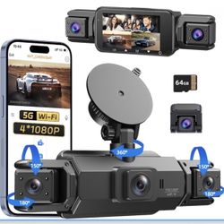 Dash Cam Front and Rear Wireless, 4 Channel Dash Camera for Cars, 1080p Dash Cam with 5G WiFi, 64GB Card & Night Vision