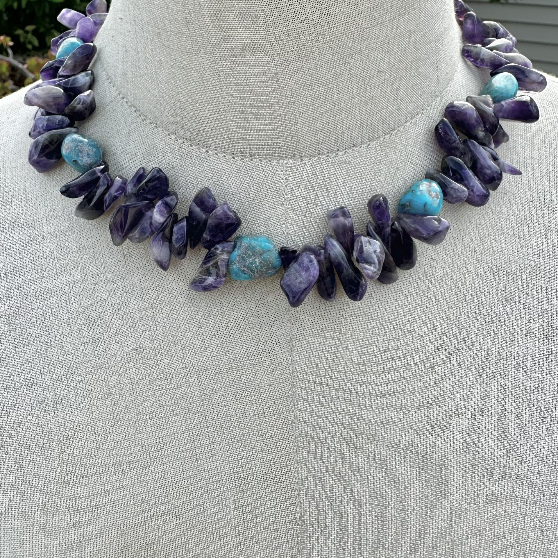 AMETHYST TURQUOISE NATURAL stones necklace Sterling Clasp