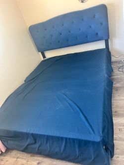 Moving Sale!! Queen Upholstered Bed Frame + Matching Blue Bed Skirt