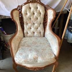 Antique French Louis XV Rococo Hand Carved Wing Back Chair