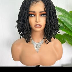 SOKU Short Curly Faux Locs Lace Frontal Wig 16 Inch Natural Black 4x4 Large Parting Space Twist Dreadlock Wigs for Balck Women Afro Curly Braided Synt