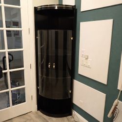 Modern Black Lacquer Curved Glass Lighted Display Showcase Set of 2 Modular