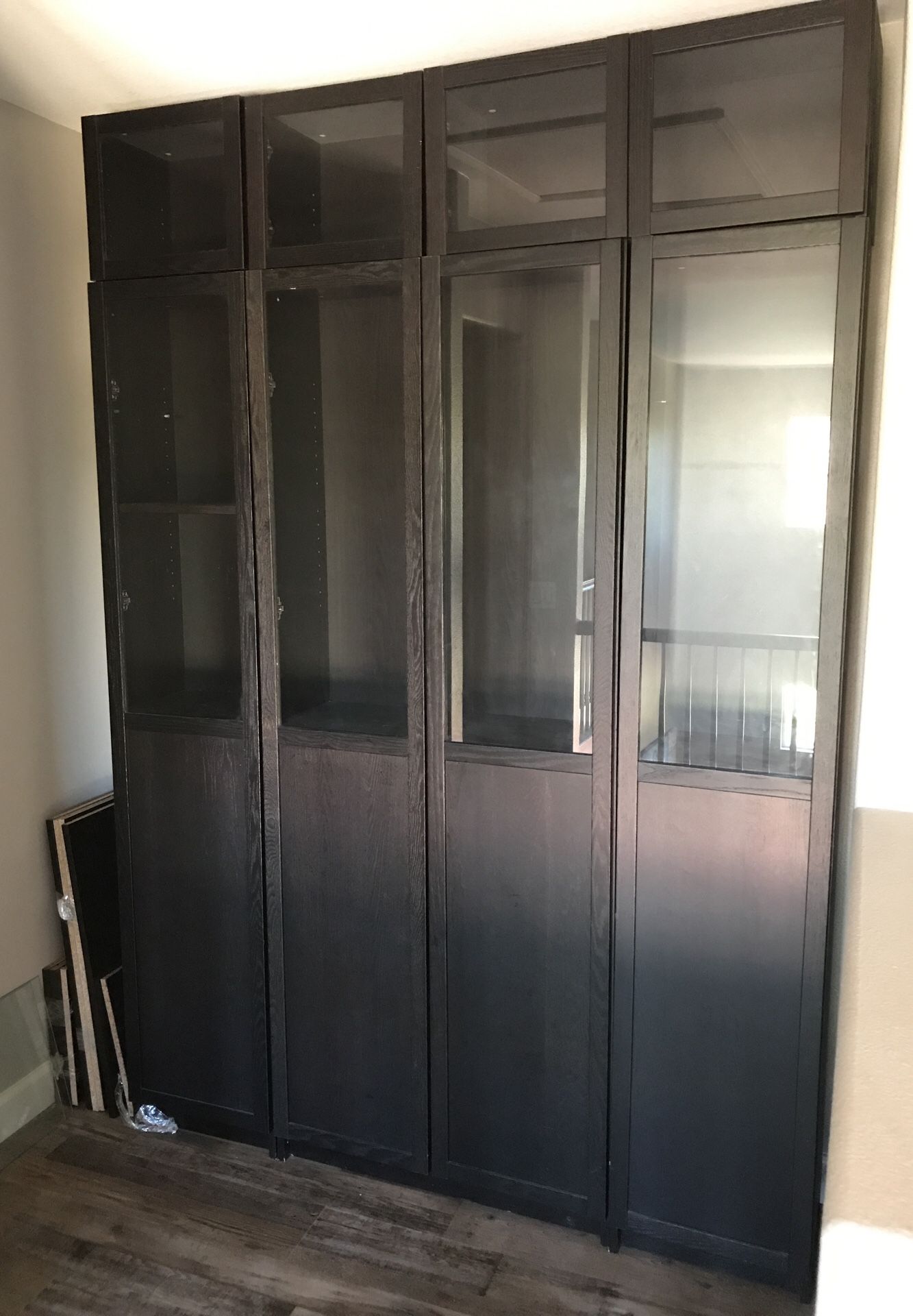 Ikea Billy oxberg bookcase cabinets with half glass doors and height ext