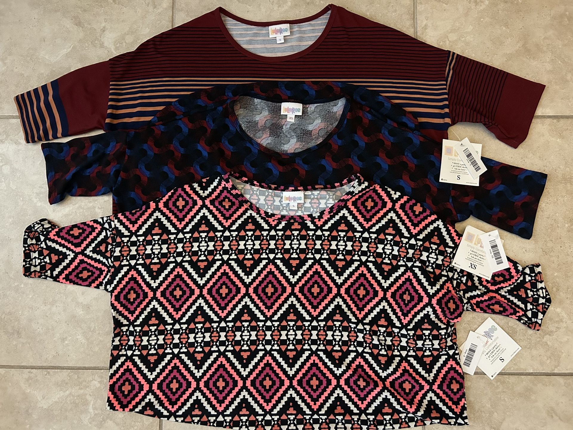 Three LuLaRoe Oversized Uneven Hem Shirt Tops (one XS, two S) - NWT
