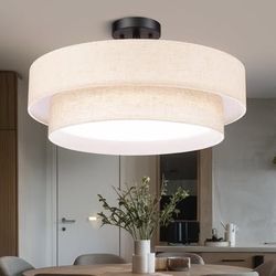 20 Inch Semi Flush Mount Round Ceiling Light Fixture, 48W LED with Fabric Shade,Drum Double Layer