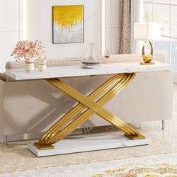 55" Console Table, Modern Faux Marble Sofa Entryway Table