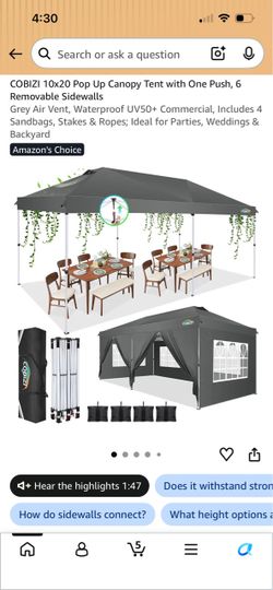 COBIZI 10x20 Pop Up Canopy Tent with Sidewalls