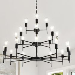 New 3-Tier 42” W 24 Light Large Black Candle Chandelier E26 Adjustable Height 