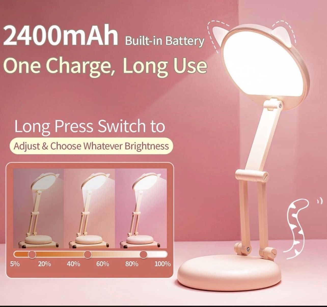 Cute Desk Lamp Pink Lamp Kawaii Desk Accessories, 8 Brightness Cute Lamp Cat Lamp Kawaii Accessories, Foldable & Portable Pink Cute Desk Accessories