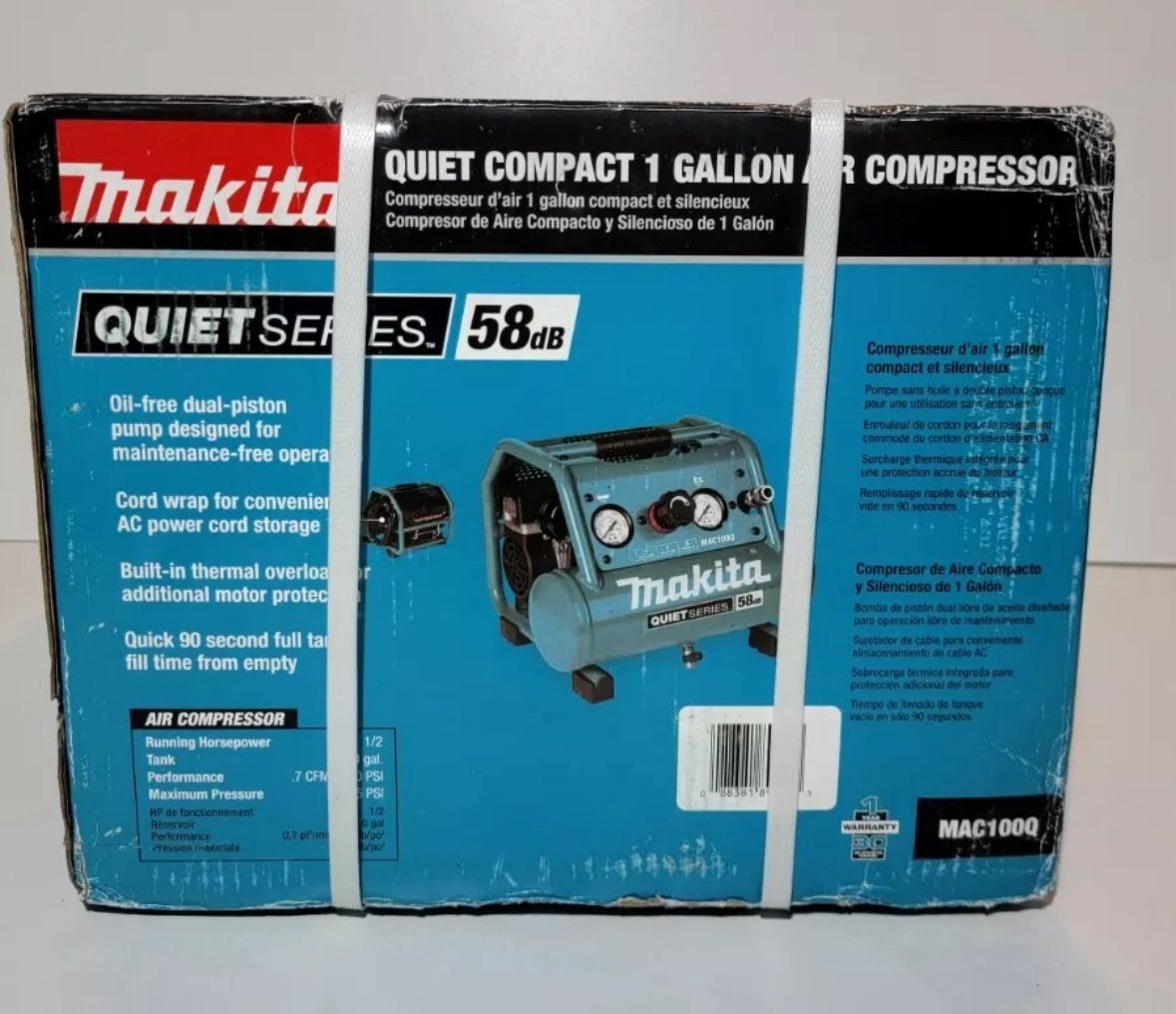 Makita MAC100Q Quiet Series, 1/2 HP, 1 Gallon Compact, Oil-Free, Electric Air Compressor