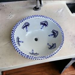 2 Stunning Sinks White With Blue Birds Sparrows