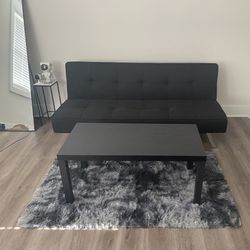 Black Futon With Coffee Table And Charcoal Rug
