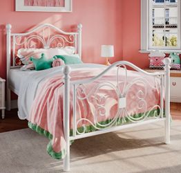 O162 $70  Twin Size Bed Frame for Kids,Metal Bed Frame with Butterfly Pattern Design Headboard & Footboard,No Box Spring Needed,Easy Assembly,White  S