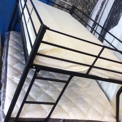 DHP Twin-Over-Full Bunk Bed with Metal Frame and Ladder, Space-Saving Design Black with 2 Mattresses