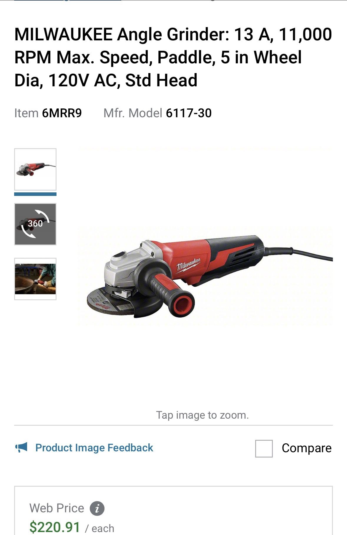 MILWAUKEE Angle Grinder: 13 A, 11,000 RPM Max. Speed, Paddle, 5 in Wheel Dia, 120V AC, Std Head