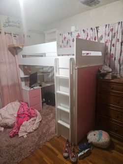 White and Pink Loft Bed with Desk and Closet