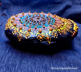 Large Hand Painted Sunflower Mandala Meditation Stone Rock- Tribal Dot Art- 3D Accents
