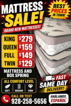 King. Queen.  Full.  Twin. Mattress and box spring new in package