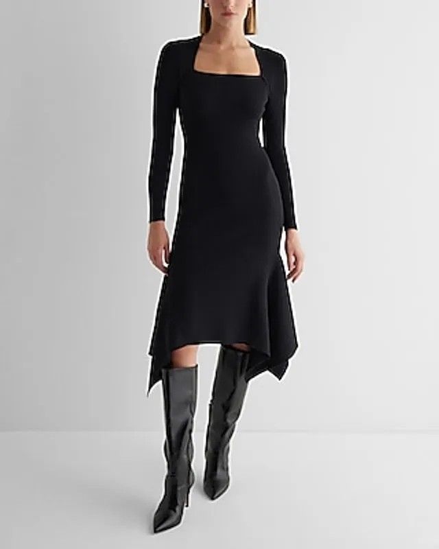 Express Ribbed Square Neck Asymmetrical Hem Midi Sweater Dress - Black - Size S