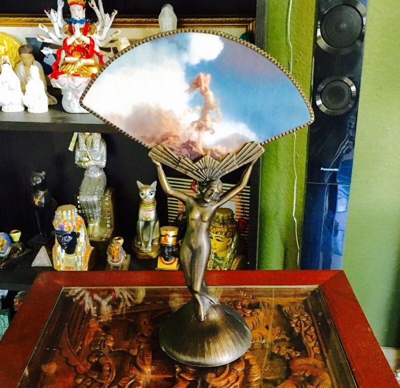 Nude Lady Fan Lamp Base Bronze Finish Art Deco Nouveau