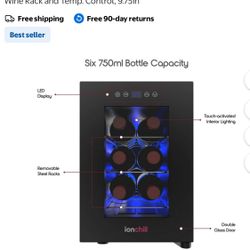 Ionchill 6-Bottle Wine Cooler, New Standard Door Mini Fridge with Wine Rack and Temp. Control, 9.75in