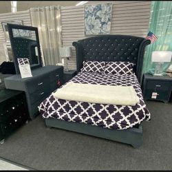 $10 Down Payment Finance ⚡New Melody Velvet 4 Piece Queen Tufted Upholstered Bedroom Set 