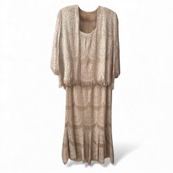 NWT Damianou Metallic Gold Lace Crochet Fringed Maxi Dress & Jacket 3 Pieces