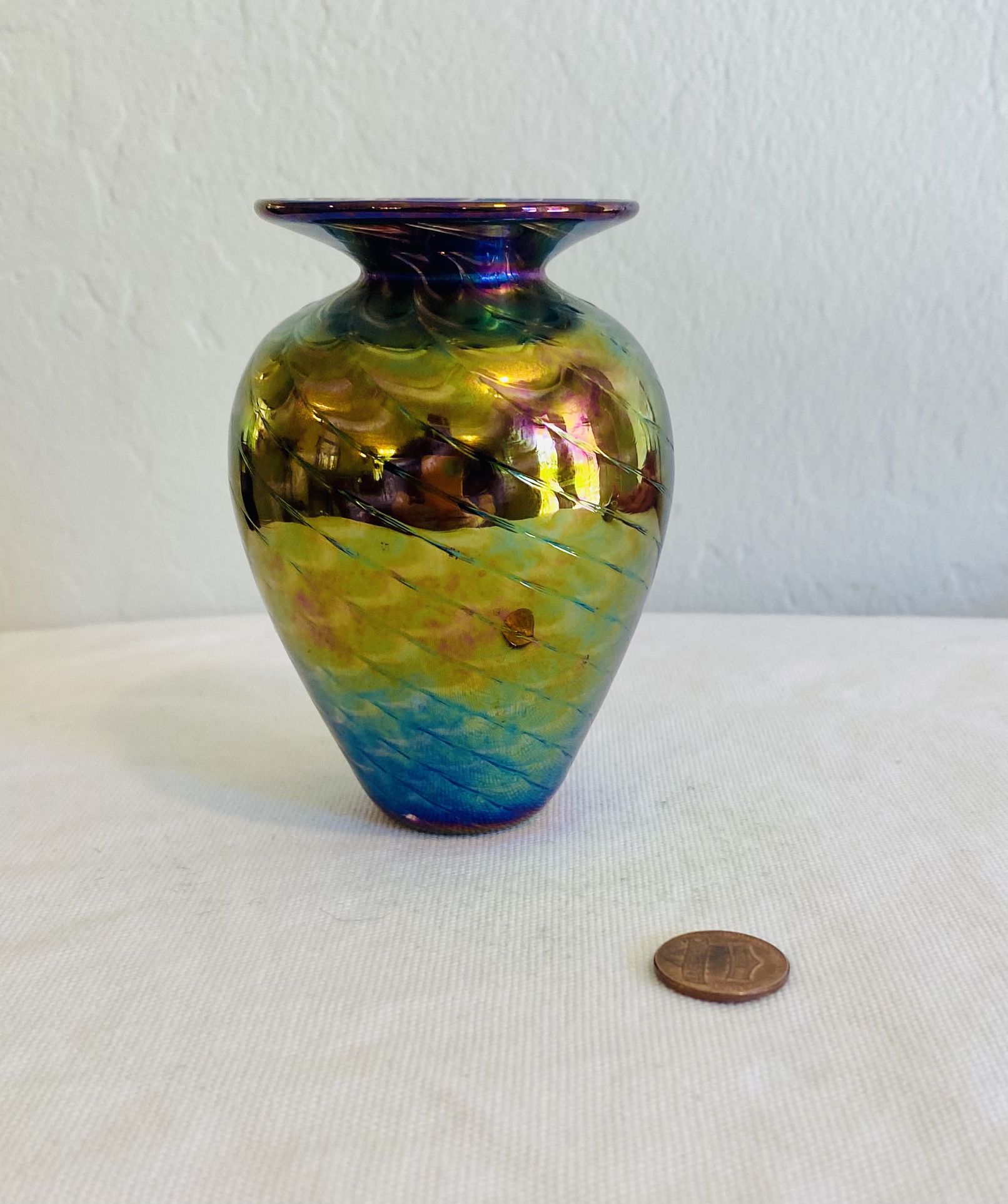 Glass Eye Studio Iridescent Hand Blown Pulled Feather Vase Signed/Dated VINTAGE!