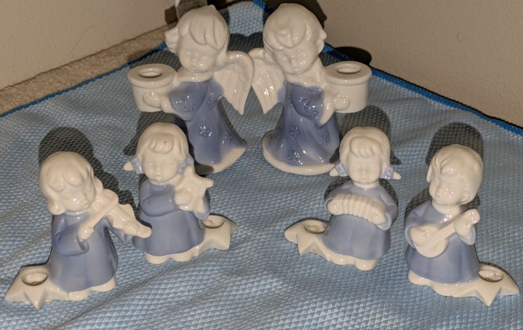 6 Vintage Porcelain Angel Candleholders