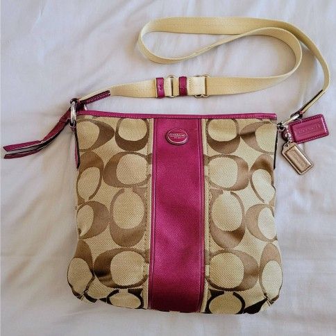 Coach Signature C Pattern Khaki & Pink Leather Tote Purse Handbag