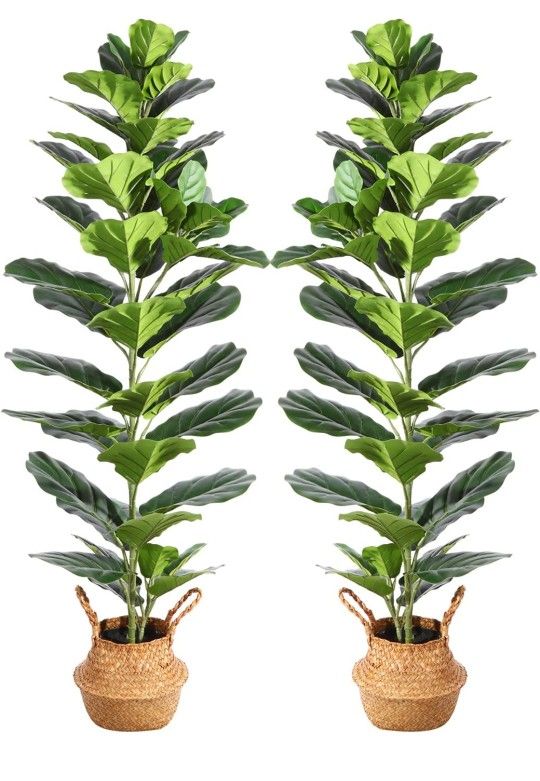 Ferrgoal Artificial Fiddle Leaf Fig 57 Inch Fake Ficus Lyrata Tree with 49 Leaves in Pot and Woven Seagrass Belly Basket Perfect Faux Plant for Home I