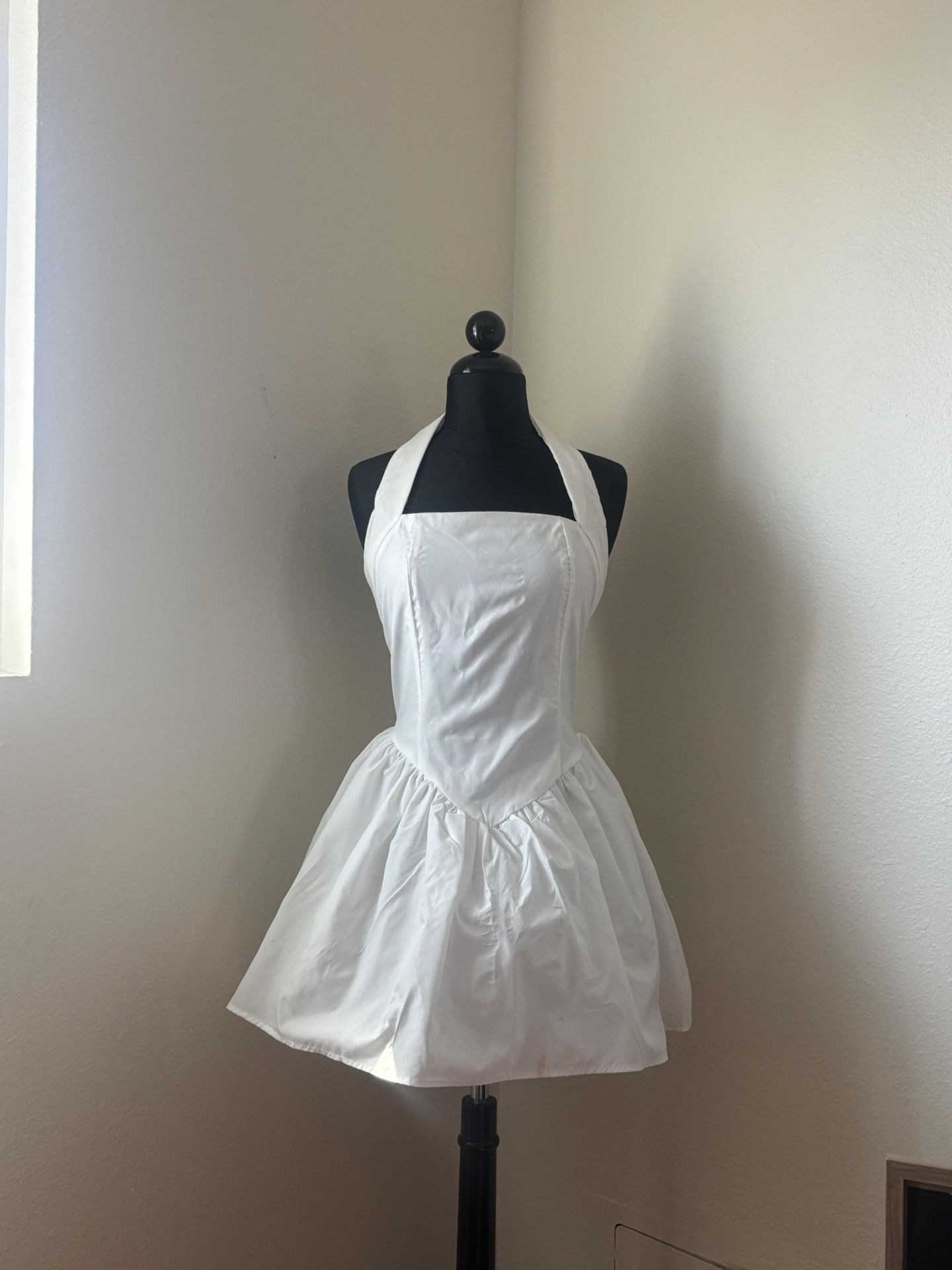 White Solid Color Square Neck Halter Back Square Neck Pleated Mini Dress Halter Back Dress