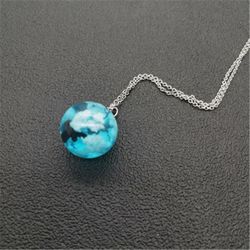 Transparent Resin Round Ball Moon Pendant Necklace Women Blue Sky White Cloud