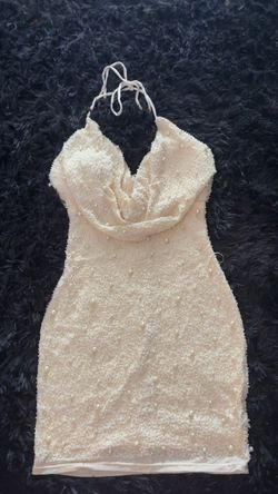 Yellow Cream Pearl Beaded Halter Mini Dress (Windsor)