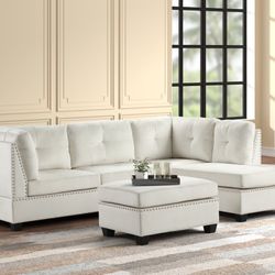 BEIGE VELVET SECTIONAL  & OTTOMAN 70% OFF 