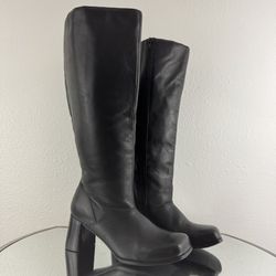 SILHOUETTES Vintage 90s Black Leather Grunge Square Toe Wide Calf Knee High Boot