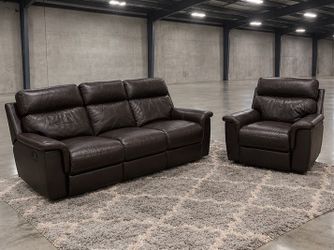 Brown Leather Reclining Sofa & Chair Set