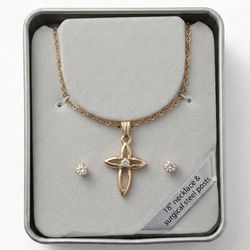 Vintage Gold Tone and Clear Crystal Cross on 18 in Gold Tone Chain with Earrings