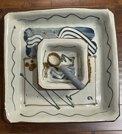 Studio Pottery Chip Dip Set Square Platter Bowl Spoon Heavy Ceramic Signed Bowl