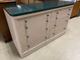 Cream 6-Drawer Low Dresser w/ Aquamarine Accents