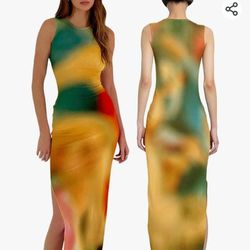 Women's Casual Tie-Dye Bodycon Maxi Dress Sleeveless Tank Wrap Split Beach Party Long Dresses