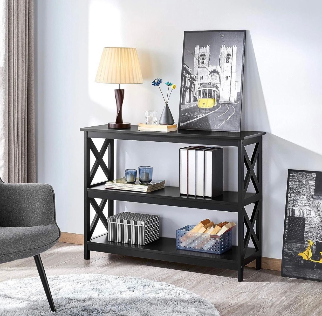 3-Tier Console Table for Entryway, 42” Entryway Table with 2 Storage Shelves