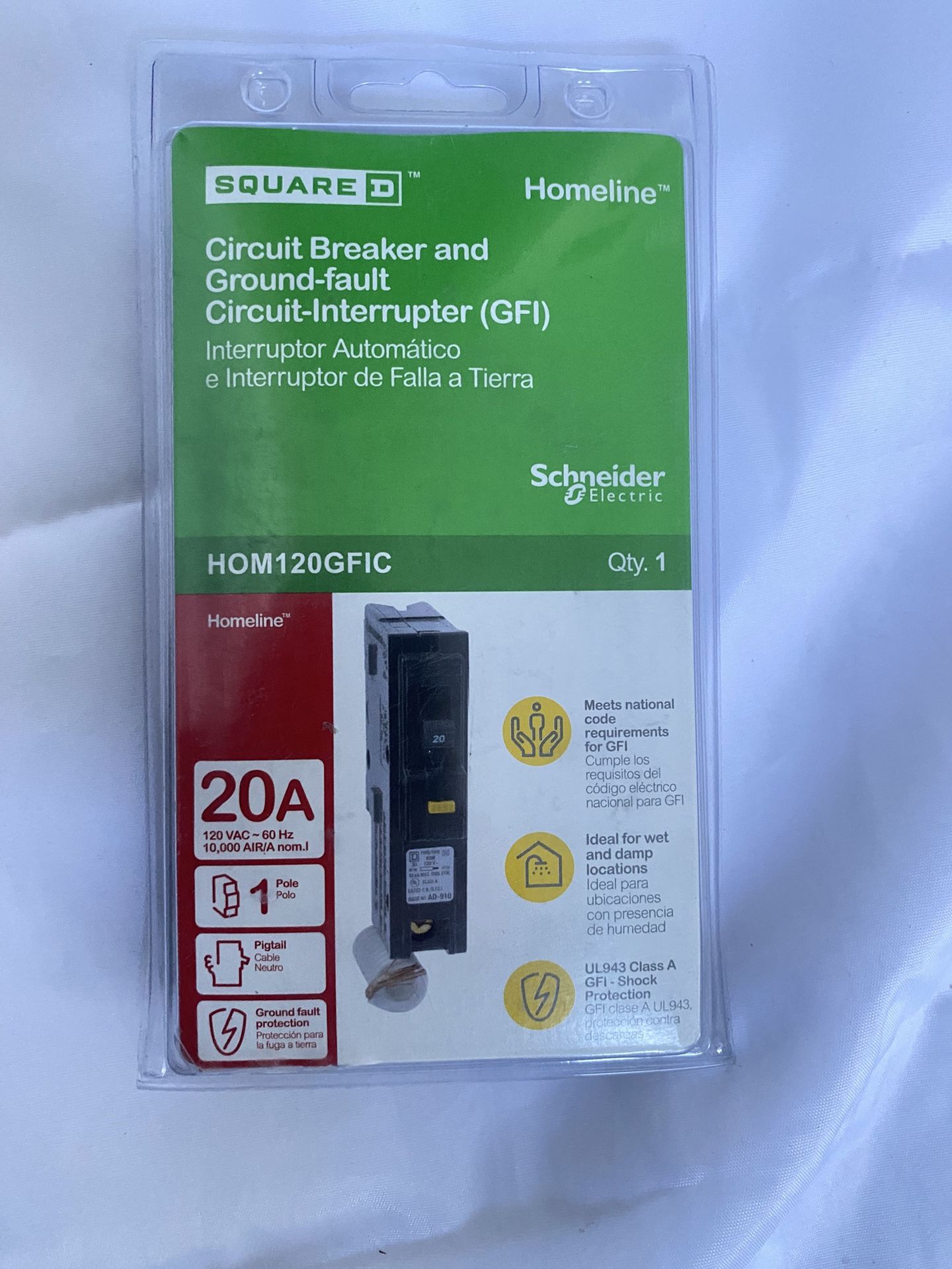 Square D by Schneider Electric Homeline 20 Amp Mini Circuit Breaker, 1 Pole, 120V AC, 10kA Breaking Capacity, Plug in Mount, GFCI, Residential Use (HO