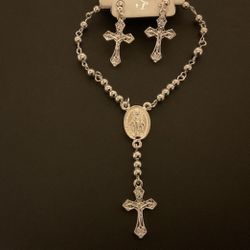 6.5” SilverTone Rosary Beaded Bracelet Set With Matching Earrings,By Sophia