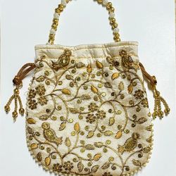 Potli Purse (Tan w/ Golden Embroidery)